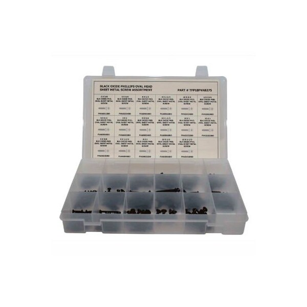 275 Piece Sheet Metal (Tapping) Screw Assortment - No 6 to No 12 - Phillips Oval Head - Black Oxide